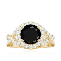 Certified 8 MM Black Onyx Crossover Engagement Ring with Moissanite Halo