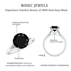 Real 8mm Black Onyx Solitaire Ring with Hidden Moissanite