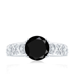 Nature Inspired Black Spinel Solitaire Engagement Ring with Diamond