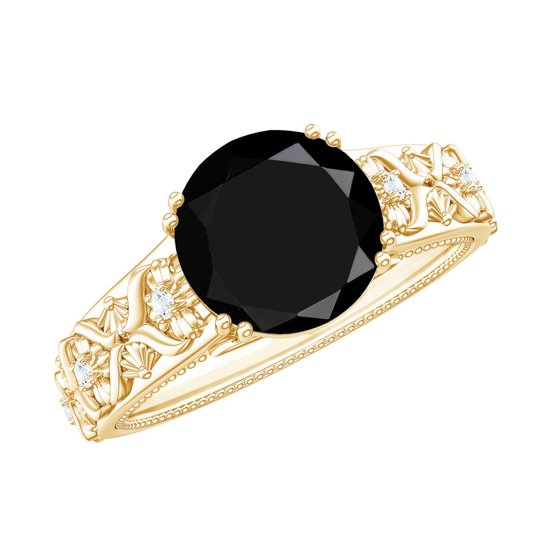 Nature Inspired Black Spinel Solitaire Engagement Ring with Diamond