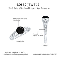 Art Deco Inspired Black Spinel Solitaire Engagement Ring with Diamond