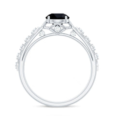 Art Deco Inspired Black Spinel Solitaire Engagement Ring with Diamond