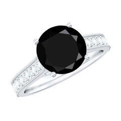 Natural Black Spinel Solitaire Engagement Ring with Diamond Side Stones