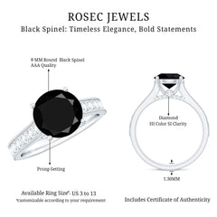 Natural Black Spinel Solitaire Engagement Ring with Diamond Side Stones