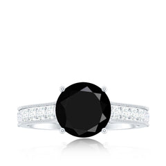 Natural Black Spinel Solitaire Engagement Ring with Diamond Side Stones