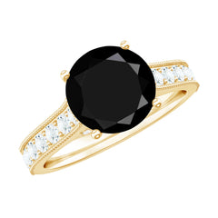 Natural Black Spinel Solitaire Engagement Ring with Diamond Side Stones