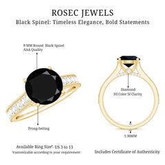 Natural Black Spinel Solitaire Engagement Ring with Diamond Side Stones