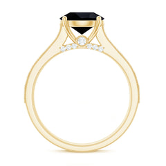 Natural Black Spinel Solitaire Engagement Ring with Diamond Side Stones