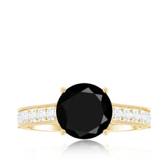 Natural Black Spinel Solitaire Engagement Ring with Diamond Side Stones
