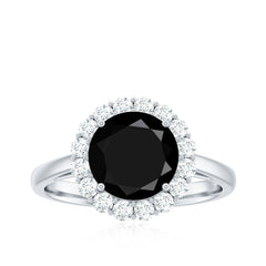 Natural 2.5 Carat Black Spinel Engagement Ring with Moissanite Halo