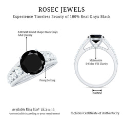 8mm Round Black Onyx Statement Engagement Ring with Moissanite Side Stones
