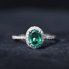 6x8mm Oval Cut Lab Created Emerald Halo Engagement Ring with Diamond