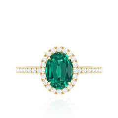 6x8mm Oval Cut Lab Created Emerald Halo Engagement Ring with Diamond