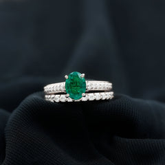Certified Oval Lab Grown Emerald Wedding Bridal Ring Set of 2