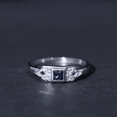 Art Deco Inspired Princess Cut Lab Grown Blue Sapphire Ring with Diamond