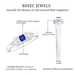 Art Deco Inspired Princess Cut Lab Grown Blue Sapphire Ring with Diamond