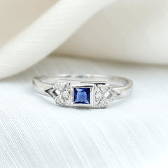 Art Deco Inspired Princess Cut Lab Grown Blue Sapphire Ring with Diamond