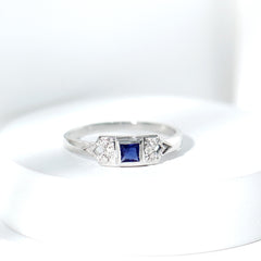 Art Deco Inspired Princess Cut Lab Grown Blue Sapphire Ring with Diamond