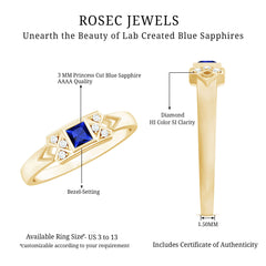 Art Deco Inspired Princess Cut Lab Grown Blue Sapphire Ring with Diamond