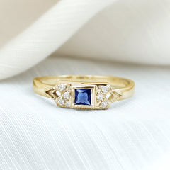 Art Deco Inspired Princess Cut Lab Grown Blue Sapphire Ring with Diamond