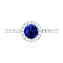 Certified 0.6 Carat Lab Grown Blue Sapphire Engagement Ring with Diamond Halo
