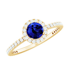 Certified 0.6 Carat Lab Grown Blue Sapphire Engagement Ring with Diamond Halo