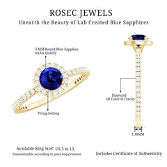 Certified 0.6 Carat Lab Grown Blue Sapphire Engagement Ring with Diamond Halo