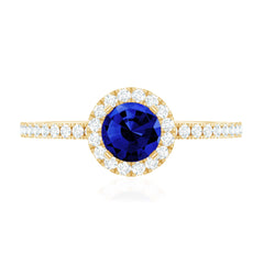 Certified 0.6 Carat Lab Grown Blue Sapphire Engagement Ring with Diamond Halo