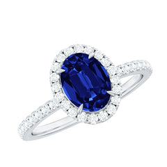 Certified 1.5 Carat Oval Lab Grown Blue Sapphire  Engagement Ring with Diamond Halo
