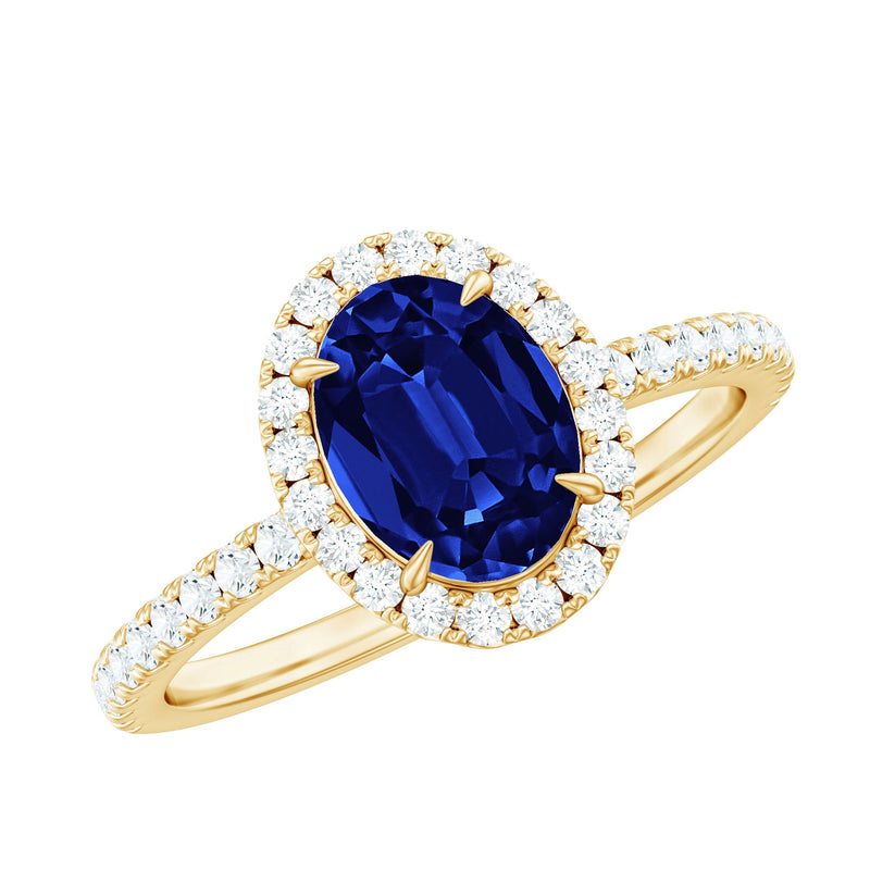 Certified 1.5 Carat Oval Lab Grown Blue Sapphire  Engagement Ring with Diamond Halo