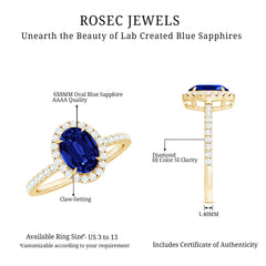 Certified 1.5 Carat Oval Lab Grown Blue Sapphire  Engagement Ring with Diamond Halo