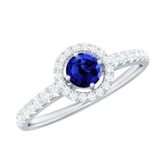 Certified 0.6 Carat Lab Grown Blue Sapphire Diamond Engagement Ring with Halo