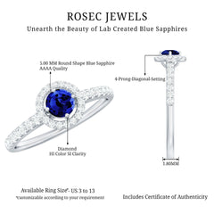 Certified 0.6 Carat Lab Grown Blue Sapphire Diamond Engagement Ring with Halo