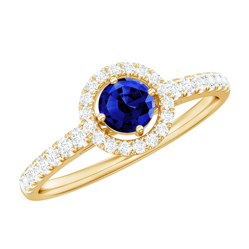 Certified 0.6 Carat Lab Grown Blue Sapphire Diamond Engagement Ring with Halo