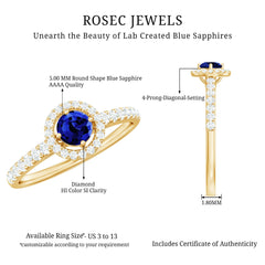 Certified 0.6 Carat Lab Grown Blue Sapphire Diamond Engagement Ring with Halo