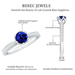 Certified Lab Created Blue Sapphire Minimal Engagement Ring with Diamond Side Stones