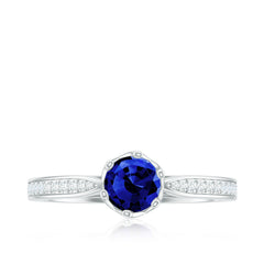 Certified Lab Created Blue Sapphire Minimal Engagement Ring with Diamond Side Stones