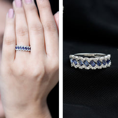 Certified Baguette Lab Grown Blue Sapphire Half Eternity Band with Diamond