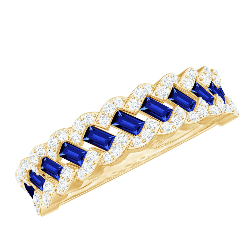 Certified Baguette Lab Grown Blue Sapphire Half Eternity Band with Diamond