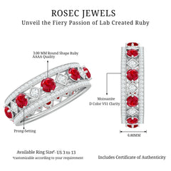 Lab Grown Ruby Vintage Wedding Band Ring With Moissanite
