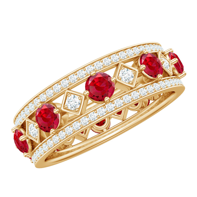 Lab Grown Ruby Vintage Wedding Band Ring With Moissanite