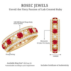 Lab Grown Ruby Vintage Wedding Band Ring With Moissanite