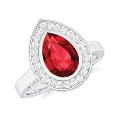 2 CT Pear Cut Created Ruby Solitaire Engagement Ring with Diamond Halo