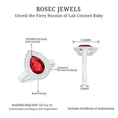 2 CT Pear Cut Created Ruby Solitaire Engagement Ring with Diamond Halo