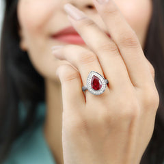 2 CT Pear Cut Created Ruby Solitaire Engagement Ring with Diamond Halo