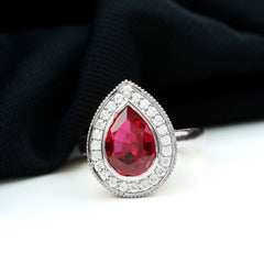 2 CT Pear Cut Created Ruby Solitaire Engagement Ring with Diamond Halo