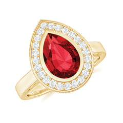 2 CT Pear Cut Created Ruby Solitaire Engagement Ring with Diamond Halo