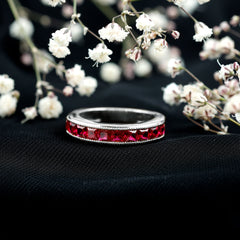Channel Set Lab Grown Ruby Princess Cut Eternity Band with Milgrain