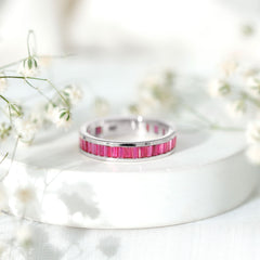 Baguette Shape Lab Grown Ruby Channel Set Eternity Band Ring