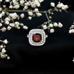 Natural Garnet Double Halo Engagement Ring with Moissanite